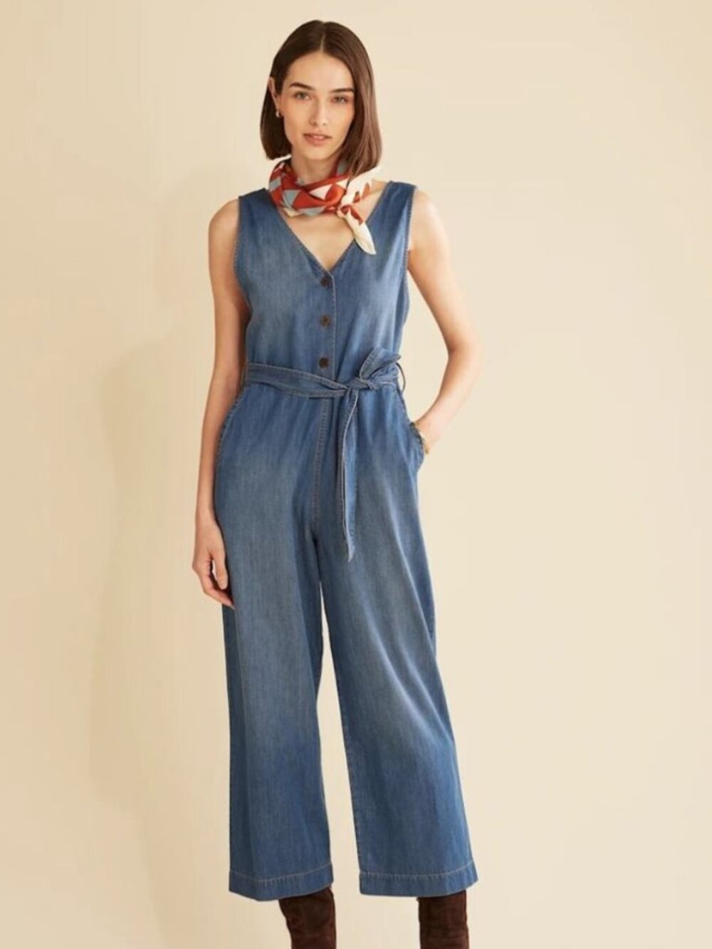 Pendleton Chambray Denim Jumpsuit Women’s M Wide Leg Belted 100% Cotton V-Neck